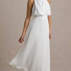 Club L London Size 4 Nila | White Cowl-Neck Midi Dress With Plisse Skirt